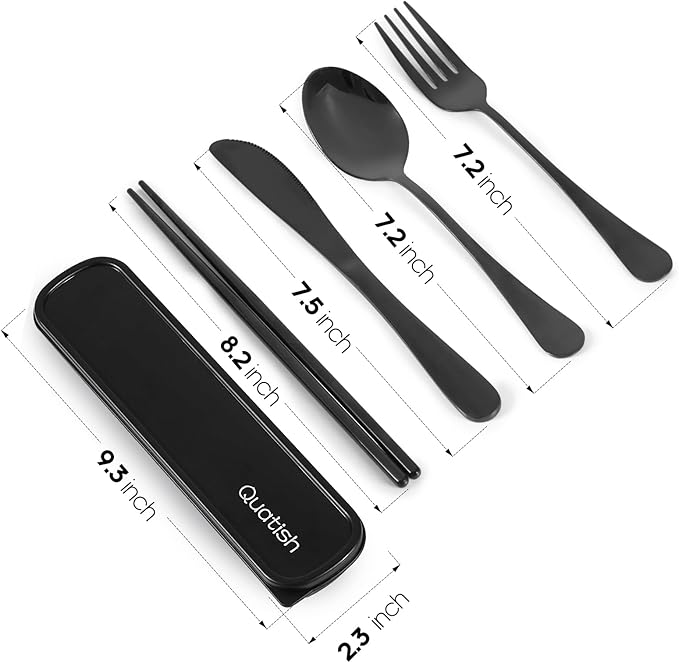 Travel Utensils with Case, Quatish Portable Silverware Set for Work, Stainless Steel Reusable Travel Cutlery Set, Fork and Spoon Set for Picnic, Camping, Gadgets, Lunch Box for Men, Black