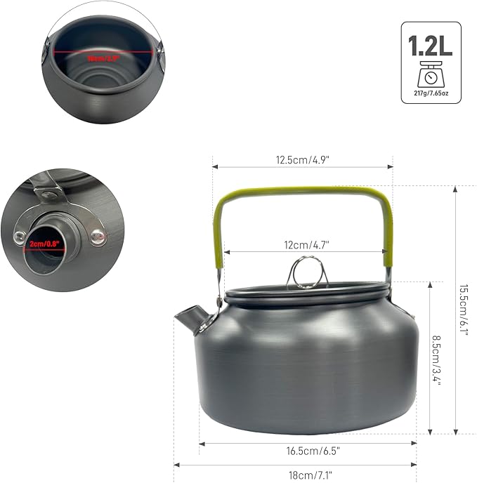 1.2L Camping Kettle, Hard-Anodized Aluminum Portable Campfire Kettle for Open Fire, Outdoor Camp Tea Coffee Pot for Stove Top, Backpacking, Hiking, Picnic and Traveling