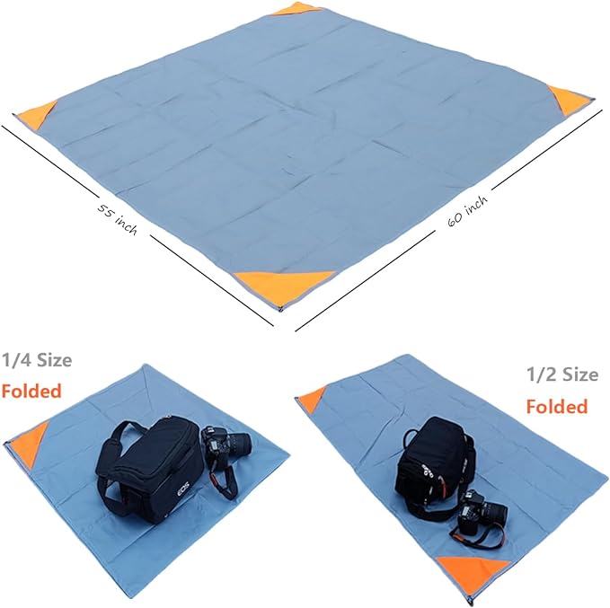 Orga'Neat Pocket Picnic Blanket, Sandproof Lightweight Pocket Camping Tarp, 55″x 60″ Foldable & Fits into Small Bag, Water Resistant Washable Quick Dry Compact Beach Mat for Outdoor Recreation