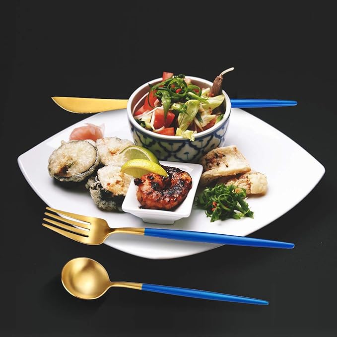 AARAINBOW 8 Pieces Stainless Steel Flatware Set Portable Reusable Cutlery Set Travel Utensils Set Including Chopsticks Knife Fork Spoon Straws Cleaning Brush Dishwasher Safe (Blue Golden)
