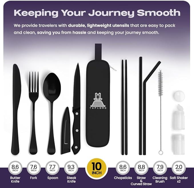 Portable Travel Silverware Set With Case, Includes 10 Pcs of Travel Utensils With Case, Stainless Steel Flatware Set For Camping, Lightweight (Black)