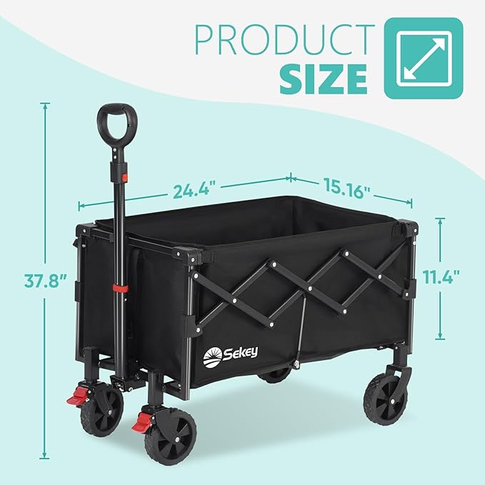 Sekey Collapsible Wagon Cart Foldable with 220LBS Weight Capacity, Lightweight Portable Folding Grocery Shopping Cart with Wheels for Camping Sports Beach and Shopping.Black