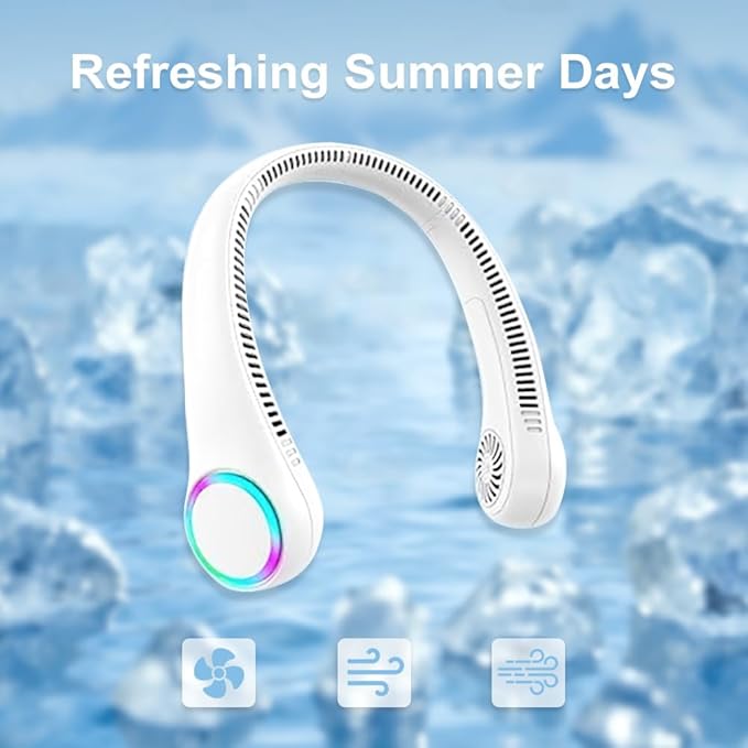 Neck Fans:Portable Personal Neck Cooling Rechargeable Bladeless Fan - Hands Free 3 Speed 4000 mAh Battery USB for Wearable Headphones Design - Men Women Outdoor Indoor (White)