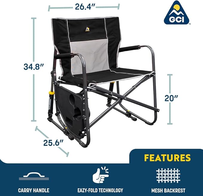 GCI OUTDOOR Freestyle Rocker XL with Side Table Camping Chair | Portable Folding Rocking Chair with Solid, Durable Armrests, Drink Holder & Comfortable Backrest — Red