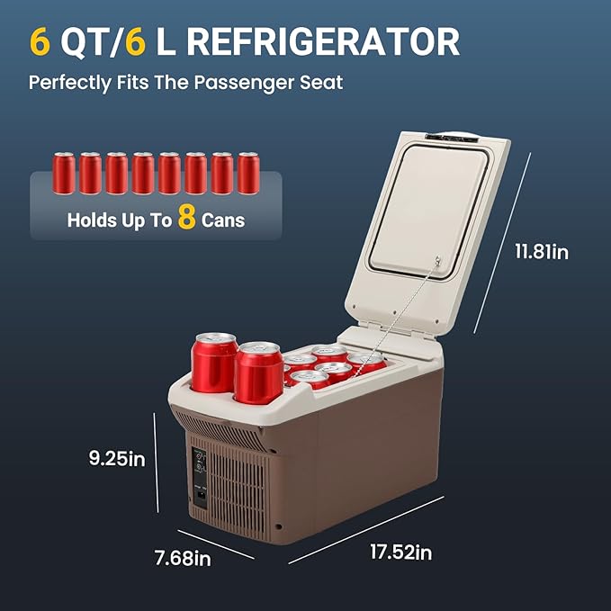 12V Car Refrigerator Cooler/Warmer 6 Quart (6L) 40℉~140℉,12 Volt DC &110V AC, Electric Car Fridge Portable Compact Camping Cooler,Thermoelectric 12V Small Fridge for Car,RV,Camping (Brown)