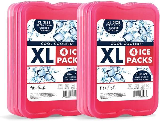 Cool Coolers by Fit + Fresh, Reusable & Long-Lasting XL Slim Ice Packs, Cold Packs for Lunch Boxes, ice Pack for Lunch Bags. Cooler Accessories for Camping, Beach, Lunch, and Work, 8PK, Pink