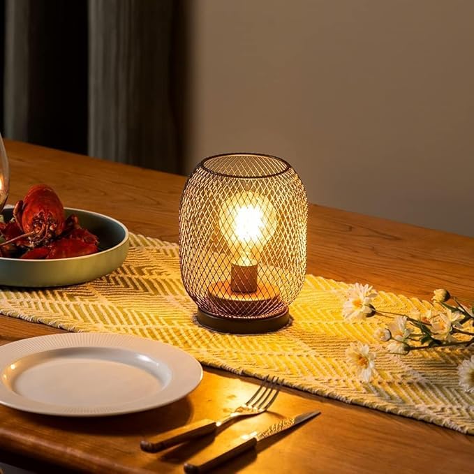 DECORKEY Set of 2 Battery Operated Lamp LED Table Lantern, Brown Metal Cage Cordless Lamps with LED Bulb,Vintage Decorative Outdoor Lantern for Weddings, Parties, Patio, Events for Indoors Shelf Decor