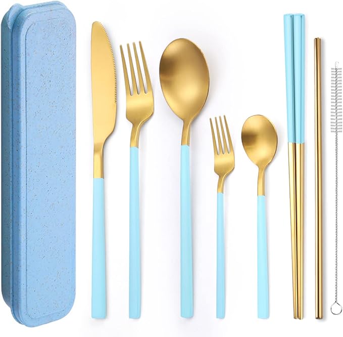 AARainbow 8 Pieces Stainless Steel Flatware Set Portable Reusable Cutlery Set Travel Utensils Set Including Chopsticks Knife Fork Spoon Straws Cleaning Brush Dishwasher Safe (B-Light blue Golden)