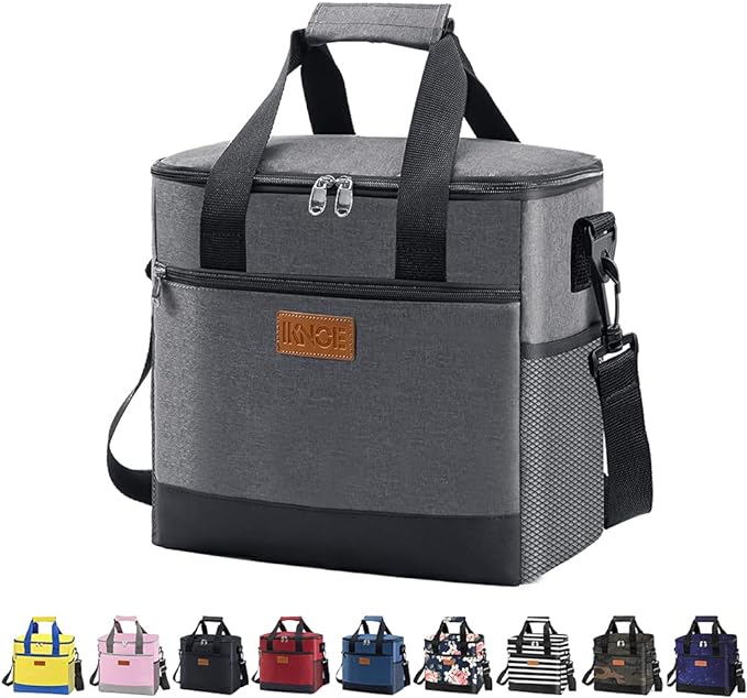 iknoe Large Cooler Bag Collapsible, 15L Insulated Bags, Leakproof Lunch Cooler Tote with Multi-Pockets for Adult, Insulated Lunch Box for Beach, Picnic,Work, Grey 24-Can
