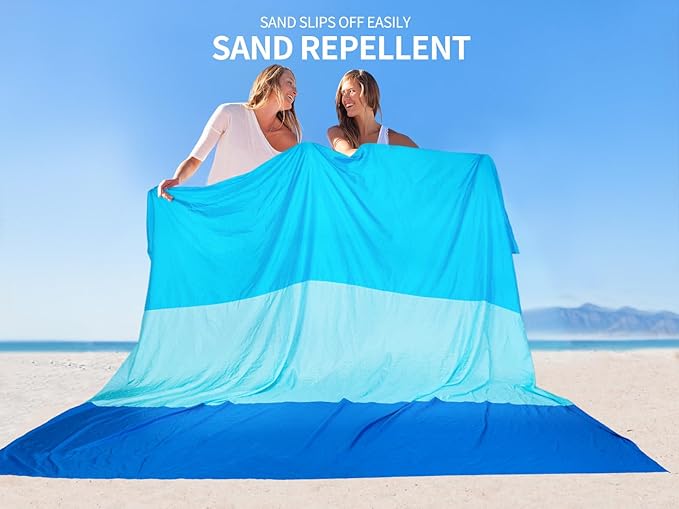 Beach Blanket Sandproof Extra Large Beach Mat Adults Waterproof Quick Drying Sand Free Mat Made by Premium Polyester with 4 Stakes & 4 Corner Pockets for Outdoor Travel Camping Hiking