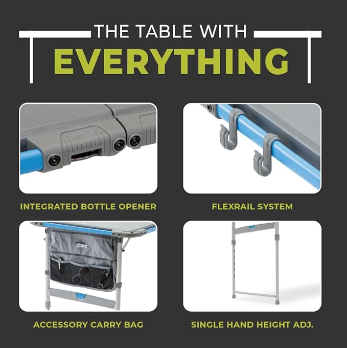 CORE Outdoor Cook Table | 4 Foot Table with Adjustable Height and Storage for Cooking Accessories | Foldable & Portable for Beach, Picnic, Backyards, BBQ, Tailgate, Patio and Party