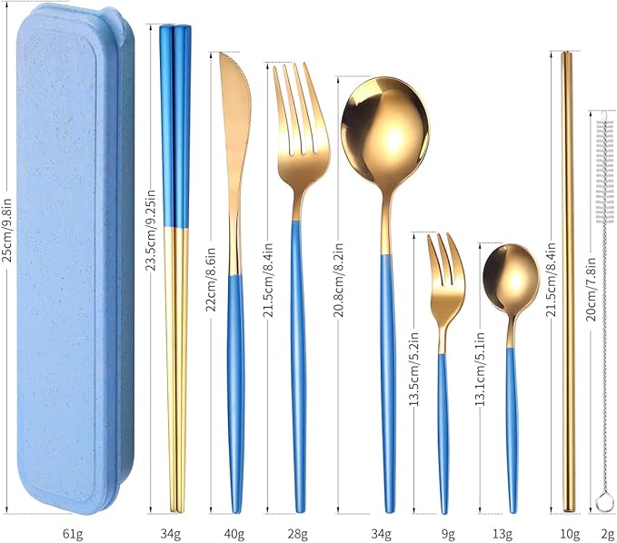 AARAINBOW 8 Pieces Stainless Steel Flatware Set Portable Reusable Cutlery Set Travel Utensils Set Including Chopsticks Knife Fork Spoon Straws Cleaning Brush Dishwasher Safe (Blue Golden)