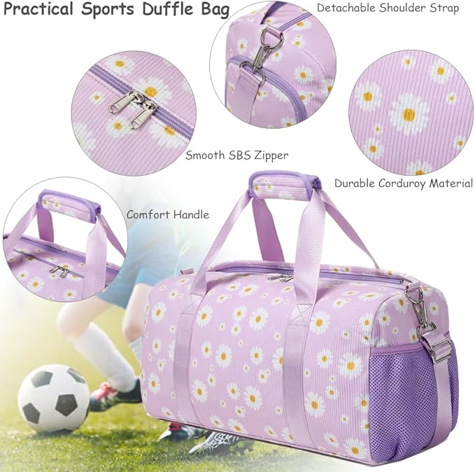 Dance Bag for Girls Gym Bag Sports Duffle Bag with Shoes Compartment Wet Pocket Weekender Overnight Bag for Girls Women Teens Corduroy Daisy Travel Duffle Bag