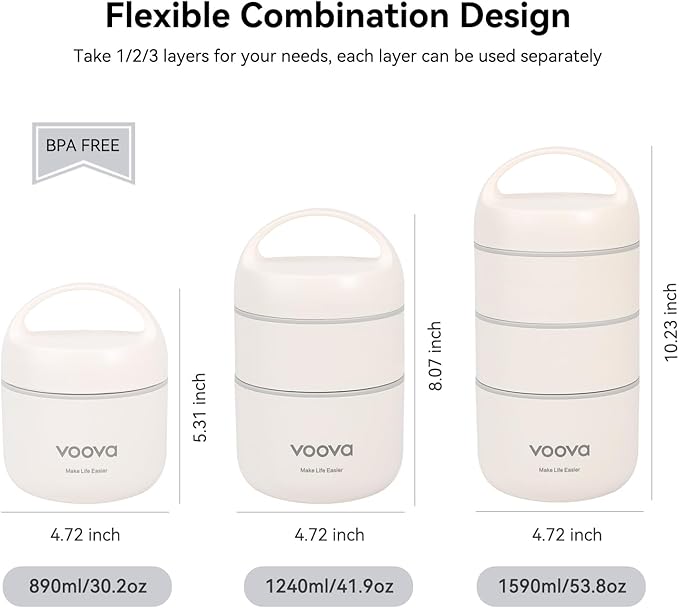 Voova Stackable Stainless Steel Thermal Lunch Box with Lunch Bag and Cultery Set for Adult Women Men, 3 Tier Leakproof All-in-One Insulated Bento Boxes Food Container for Work, Black