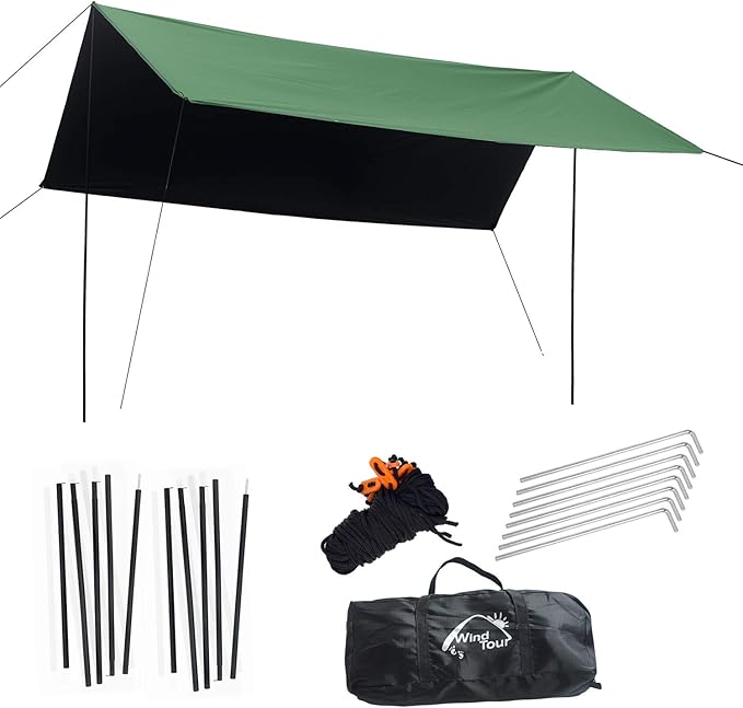 Wind Tour Portable Multifunctional Outdoor Camping Traveling Awning Backpacking Tarp Sunshade Lightweight UV Protection and PU 3000mm Waterproof Rain Fly Tarp Shelter (118 * 118 inches)