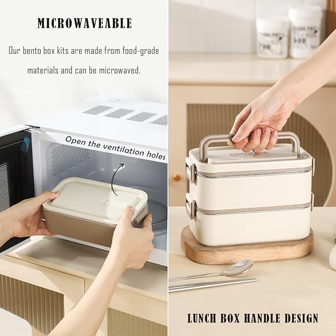 Bento Box Adult Lunch Box, Portable Insulated Lunch Containers Set, 2-Tier Stackable Stainless Steel Bento Boxes with Thermal Lunch Bag Soup Bowl, Leakproof Food Container