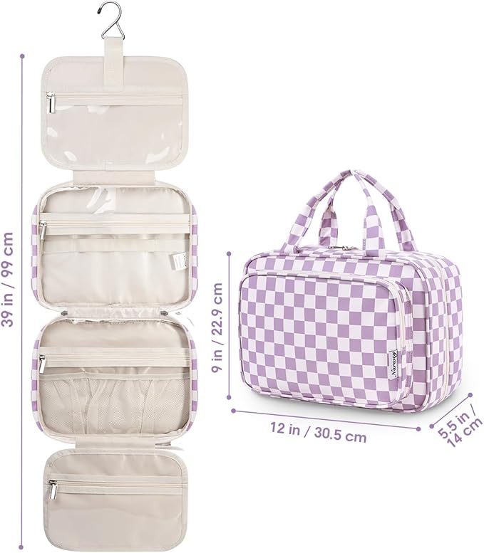 Narwey Travel Toiletry Bag for Women Large Hanging Makeup Bag Organizer Toiletries Bag for Full Size Essentials Accessories Cosmetics (Purple Checkerboard (Large))