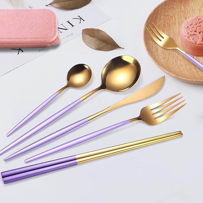AARAINBOW 8 Pieces Stainless Steel Flatware Set Portable Reusable Cutlery Set Travel Utensils Set Including Chopsticks Knife Fork Spoon Straws Cleaning Brush Dishwasher Safe (Purple Golden)