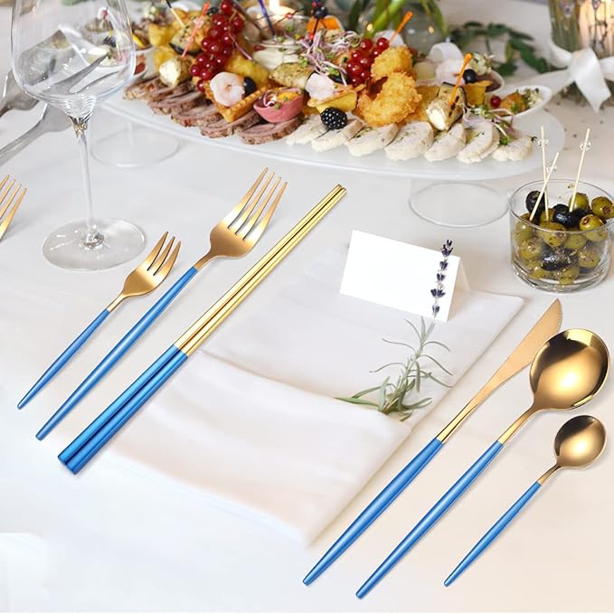 AARAINBOW 8 Pieces Stainless Steel Flatware Set Portable Reusable Cutlery Set Travel Utensils Set Including Chopsticks Knife Fork Spoon Straws Cleaning Brush Dishwasher Safe (Blue Golden)