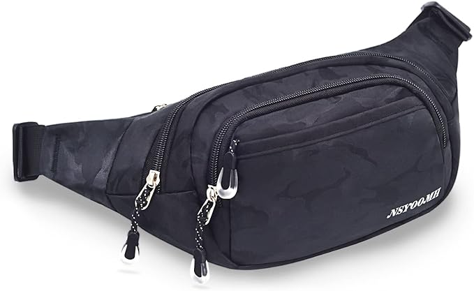 Fanny Pack for Women & Men, 5-Zipper Pockets Water Resistant Practical Waist Bag, for Outdoor Running Cycling Sports Travel Hiking Fishing Fashion Camo Black Belt Bags