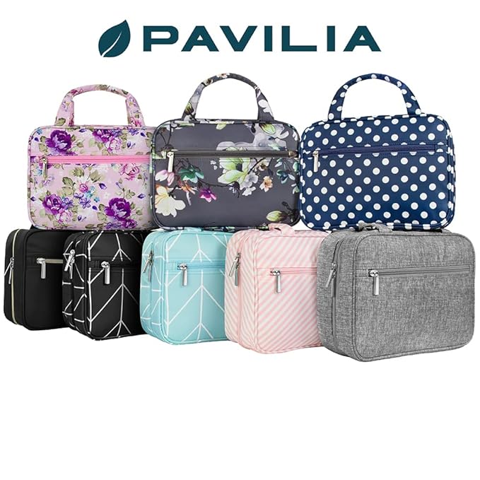 PAVILIA Hanging Toiletry Bag Travel Bag Women Men, Foldable Cosmetic Organizer, Roll up Makeup Bag, Water Resistant Accessories Toiletries, Large Travel Essentials Kit (Black Gold)