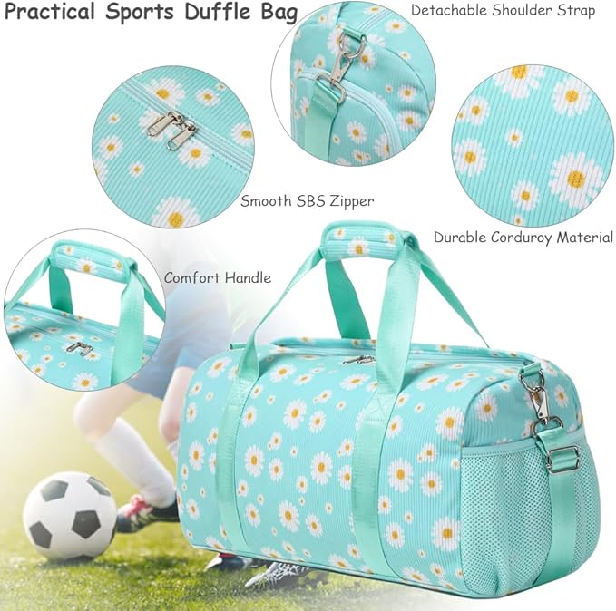 Dance Bag for Girls Gym Bag Sports Duffle Bag with Shoes Compartment Wet Pocket Weekender Overnight Bag for Girls Women Teens Corduroy Daisy Travel Duffle Bag