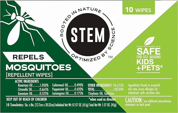 Stem Repels Mosquitoes: Mosquito Repellent Wipes with Botanical Extracts, 30 Count