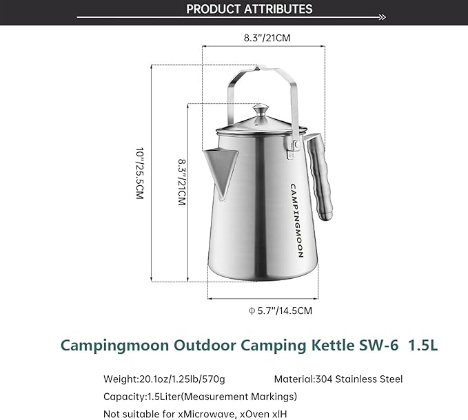 Campingmoon Camping Kettle Camp Tea Kettle Campfire Kettle for Open Fire Stainless Steel outdoor Camping Coffee Tea Pot for Boiling Water 1.5L