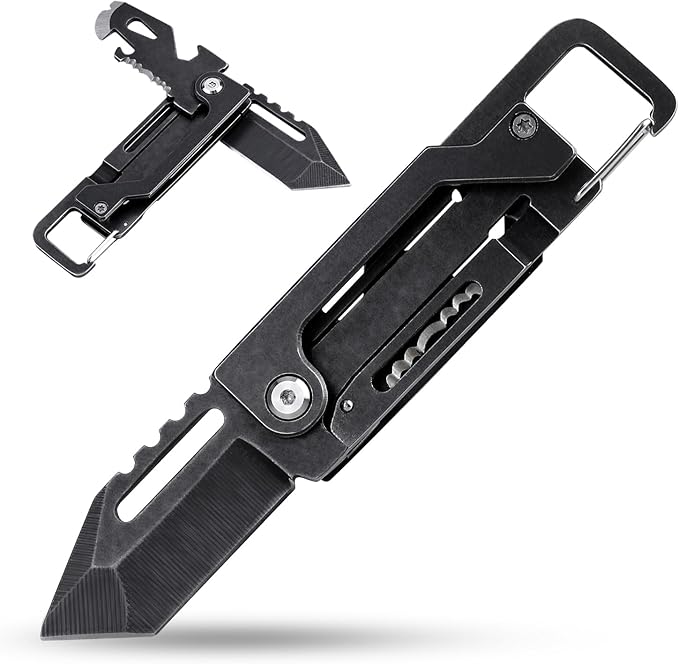 edcfans Keychain Knife, Carabiner Multitool, Tanto Pocket Knife with Key Clip, Box Cutter, Can/Bottle Opener, Screwdriver Wrench, Pry Tools, EDC Hiking Camping Gear, Gifts for Men Women Everyday Carry