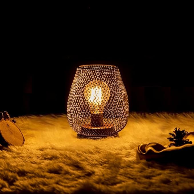 DECORKEY Set of 4 Battery Operated Lamp LED Table Lantern, Brown Metal Cage Cordless Lamps with LED Bulb,Vintage Decorative Outdoor Lantern for Weddings, Parties, Patio, Events for Indoors Shelf Decor