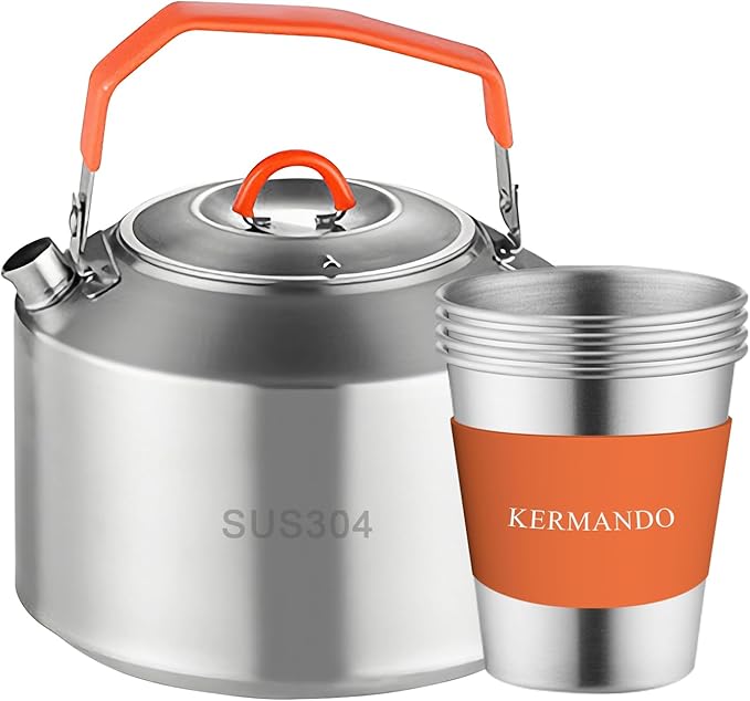 Camping Kettle Set, 1.5 L Stainless Steel Kettle with 4 Stackable 300 ML Cups, Anti-Scald Handle, Removable Silicone Covers, and Mesh Bag - ideal for Boiling Water and Making Coffee Outdoors