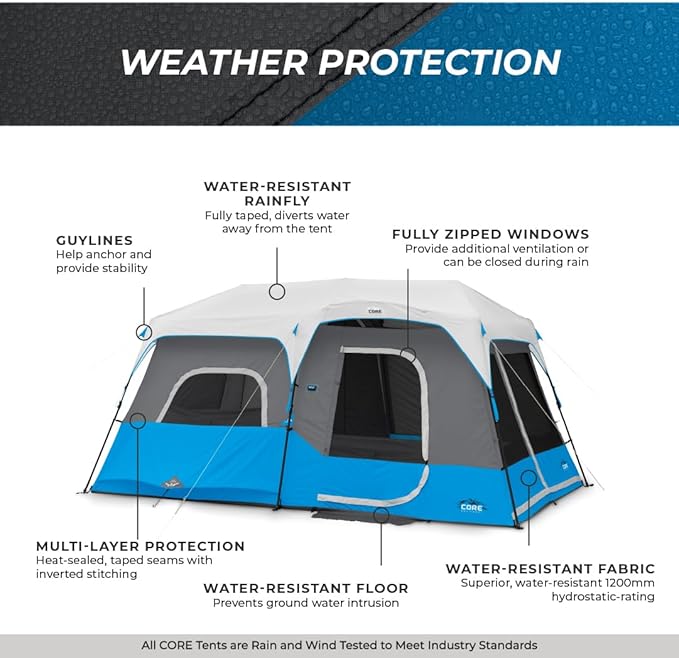 CORE Instant Cabin Tents with LED Lights | 6 Person / 9 Person / 12 Person Family Multi Room Lighted Pop Up Tents for Camping | Included Storage Pockets for Camping Accessories