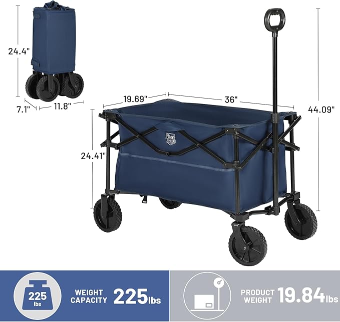 TIMBER RIDGE Folding Collapsible Wagon, Utility Push Pull Beach Wagon with All-Terrain Universal Wheels, Heavy Duty Foldable Grocery Cart for Outdoor Garden Camping Shopping, Holds 225 lbs, Dark Blue