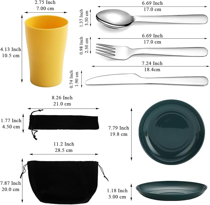 Evanda Camping Cutlery Set, Reusable Light Weight Mug, Plate and Stainless Steel Cutlery Set with Black Bag, Dishwasher Safe