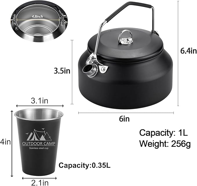 3PCS Camping Kettle Outdoor Campfire Camp Kettle Set with 2 Cups, 1L Stainless Steel camping tea kettle Coffee Pot, Portable Lightweight Teapot, Ideal for Hiking Picnic Travel, Black