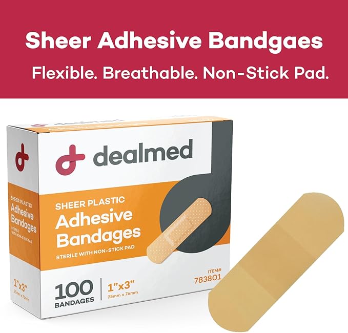 Dealmed Sheer Plastic Flexible Adhesive Bandages – 100 Count (3 Pack) Bandages with Non-Stick Pad, Latex Free, Wound Care for First Aid Kit, 1" x 3"
