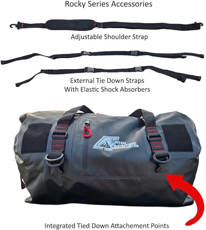 Motorcycle Waterproof Duffel Bag With Tie Down Straps, Marine Grade (80 Liter/21.1 Gallon, Rocky Series, Black)