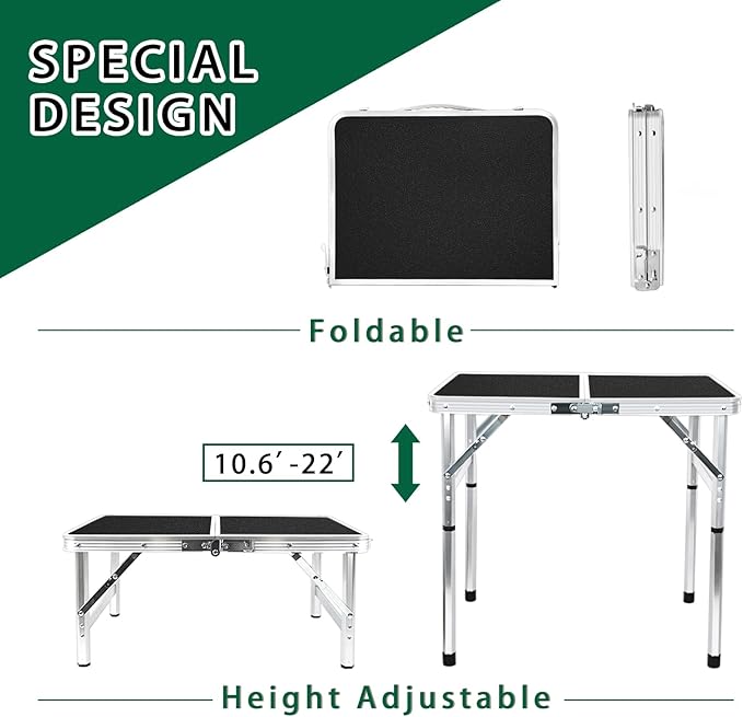 Aluminum Folding Small Table, Adjustable Height Lightweight Portable Camping Table for Picnic Beach Outdoor Indoor (Small) (BlackB)