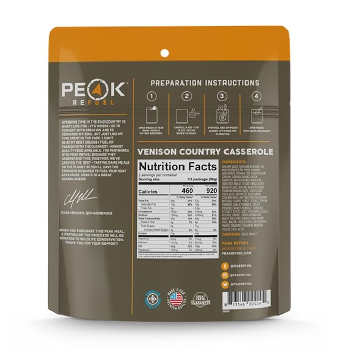 Peak Refuel Venison Country Casserole | Chad Mendes Signature Meal | Premium Freeze-Dried Variety Meals | Hunting, Survival, Camping, Backpacking Food | High-Protein Game Meats | MRE | Made in USA