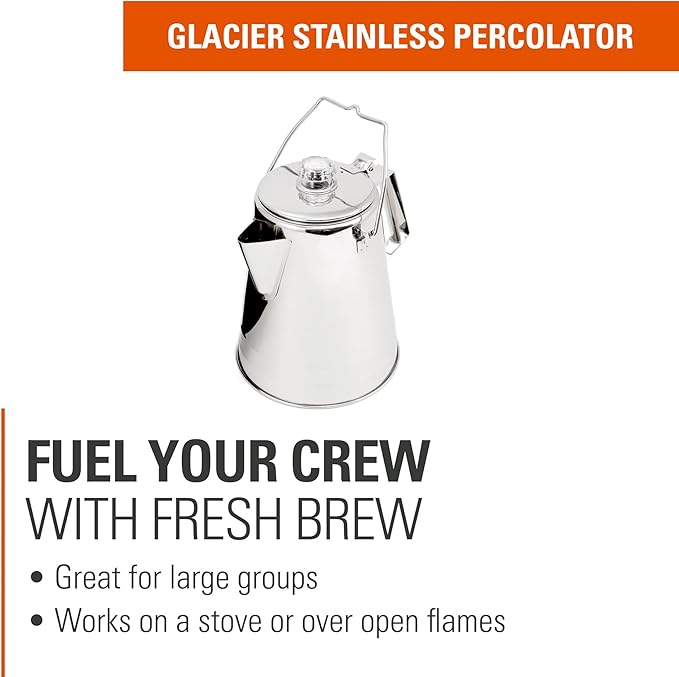 GSI Outdoors Percolator Coffee Pot I Glacier Stainless Steel Ultra-Rugged for Brewing Coffee Over Stove and Fire Ideal for Group Camping, 36 Cup