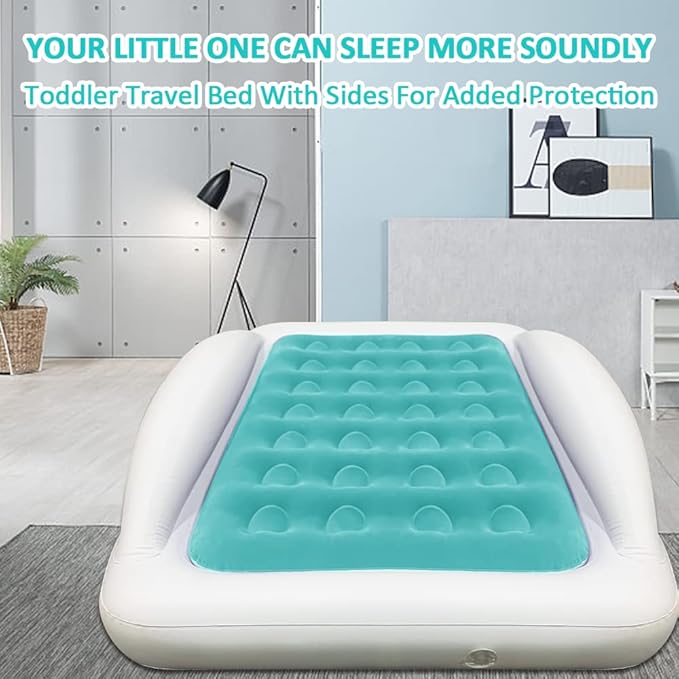 Inflatable Toddler Travel Bed with Sides Camping Air Mattress Idea for Outdoor Indoor Use (Green)
