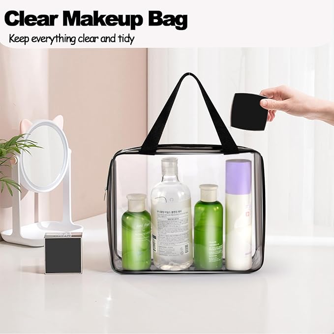 2Pcs Crystal Clear PVC Travel Toiletry Bag Kit for Women Men, Waterproof Vinyl Packing Organizer Storage Bags with Zipper Handle Straps, Cosmetic Pouch Carry on Airport Airline Compliant Bag Handbag