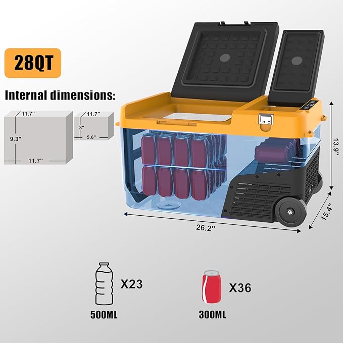 12v Car Refrigerator, Electric Cooler 28 Quart, Portable Fridge with Wheels, Freezer Compressor Cooler -4℉~68℉ 12/24V DC 100~240V AC Support App Control for Truck, Camping, Road Trips, Travel, RV