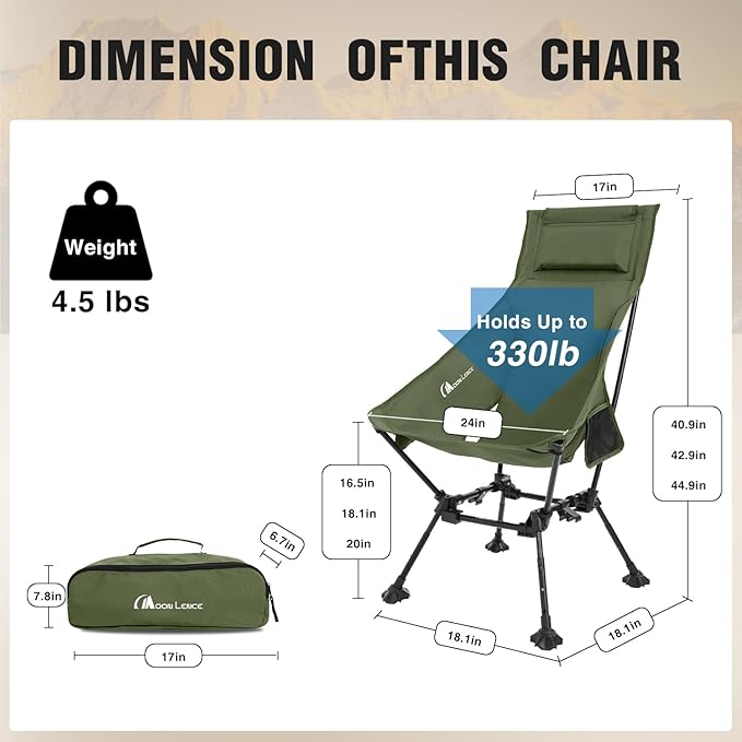 MOON LENCE High Back Folding Camping Chairs, Adjustable Height Beach Chair with Anti-Sinking Feet & Widened Seat (Green)