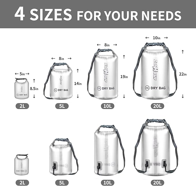 Waterproof Dry Bag - Roll Top Transparent Storage Bag,2L/5L/10L/20L,Suitable for Traveling, Swimming, Kayaking, Camping, Fishing, Rainy Day Trips