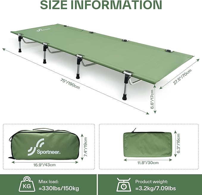 Sportneer Camping Cot, Folding Cots Lever Lock Portable Lightweight Sleeping Camping Bed for Adults Outdoor Travel Backpacking Camp Hiking Supports 330lbs