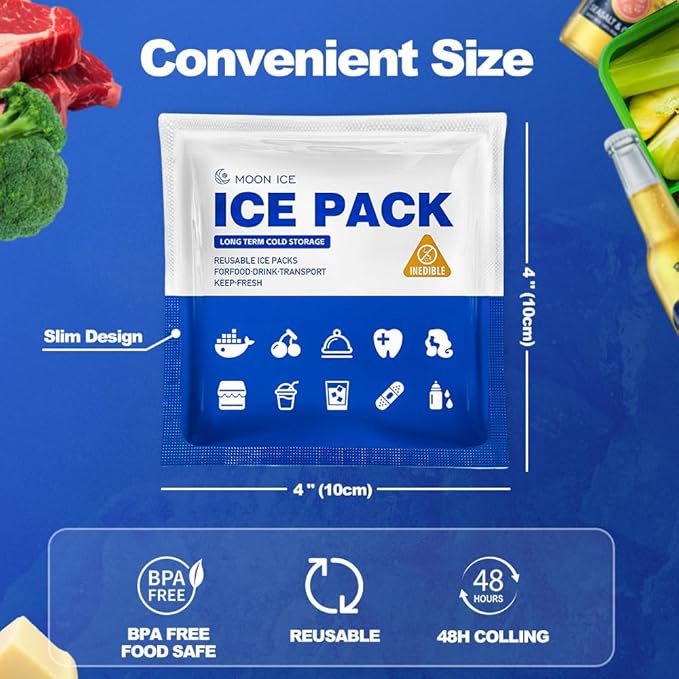 Blue Ice Packs for Coolers, Shipping and Lunch Box, Slim Size Long-Lasting Reusable Ice Pack, 4" x 4" Cold Gel Freezer Packs for Camping, Beach, Fishing, Shipping Food