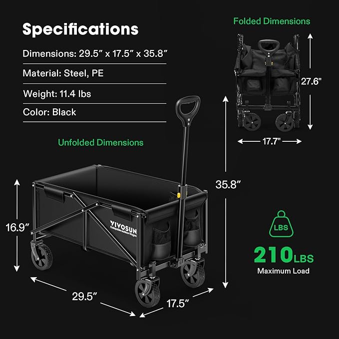 VIVOSUN Collapsible Folding Wagon, Outdoor Utility with All-Terrain Wheels, Adjustable Handle, Cup Holders & Side Pockets, for Camping, Shopping, Garden, 210Lbs Capacity, Black