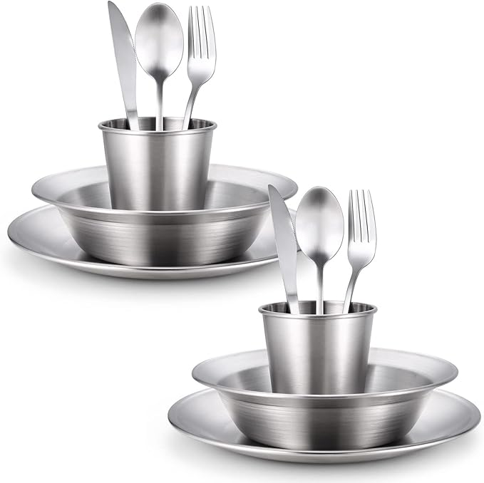 Odoland Camping Complete Messware Kit, Polished Stainless Steel Camp Dinnerware, Camping Cooking Tableware, Cutlery Organizer Utensil with Plates and Bowls Set for Backpacking, Hiking, Picnic