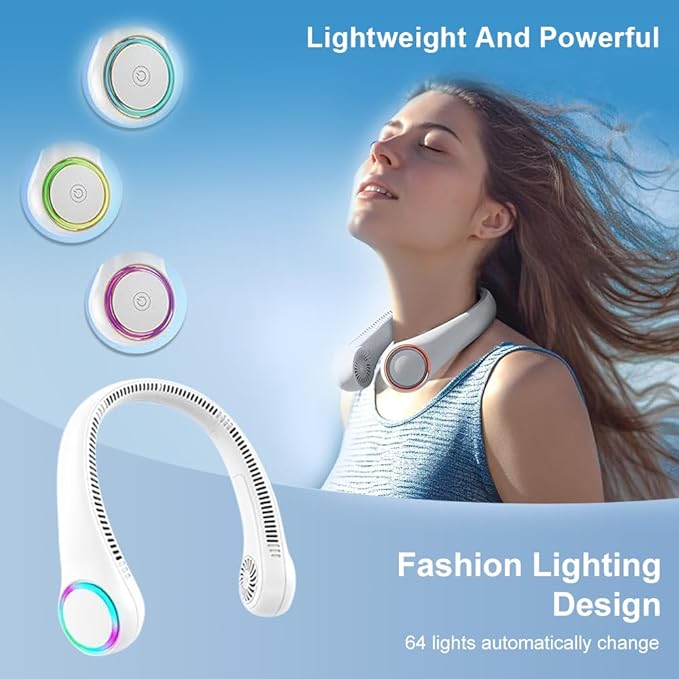 Neck Fans:Portable Personal Neck Cooling Rechargeable Bladeless Fan - Hands Free 3 Speed 4000 mAh Battery USB for Wearable Headphones Design - Men Women Outdoor Indoor (White)